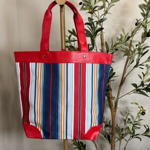 Lancôme tote bag magnetic closure red with multi color stripe design